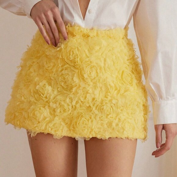 Yellow Casual Women's Romantic Palace Valentine Rose 3D Flower Skirt - Picture 1 of 6